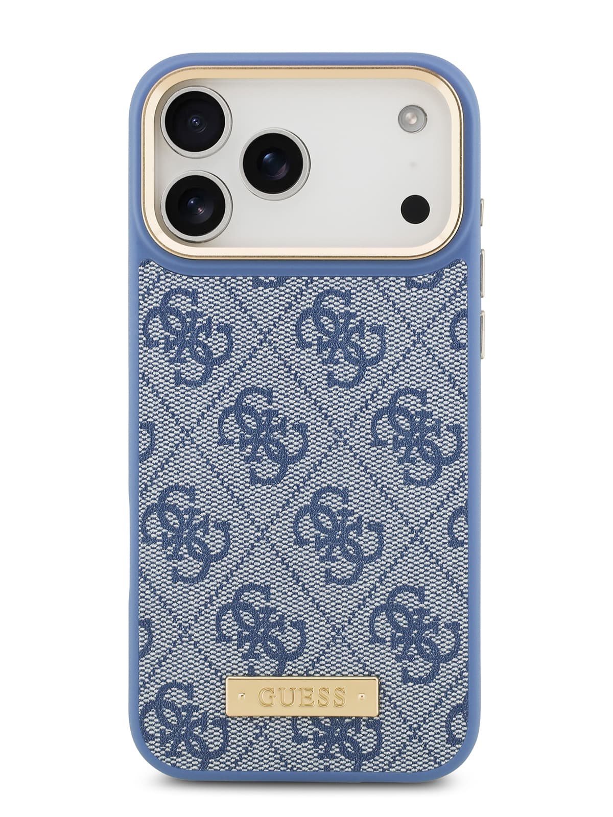 Чехол Guess PU 4G Plate metal logo and Gold camera Hard Blue MagSafe (iPhone 17 Pro Max)