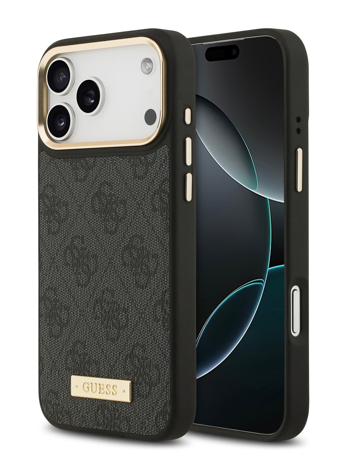Чехол Guess PU 4G Plate metal logo and Gold camera Hard Black MagSafe (iPhone 17 Pro Max)