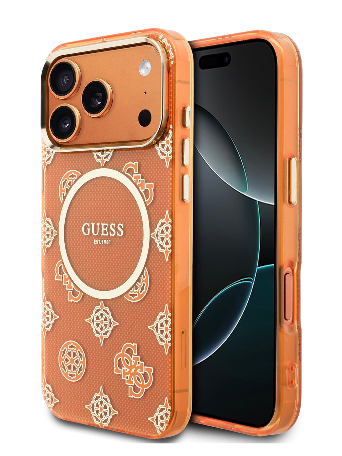 Чехол Guess IML Peony Dots Metal Cam Hard Orange MagSafe (iPhone 17 Pro Max)