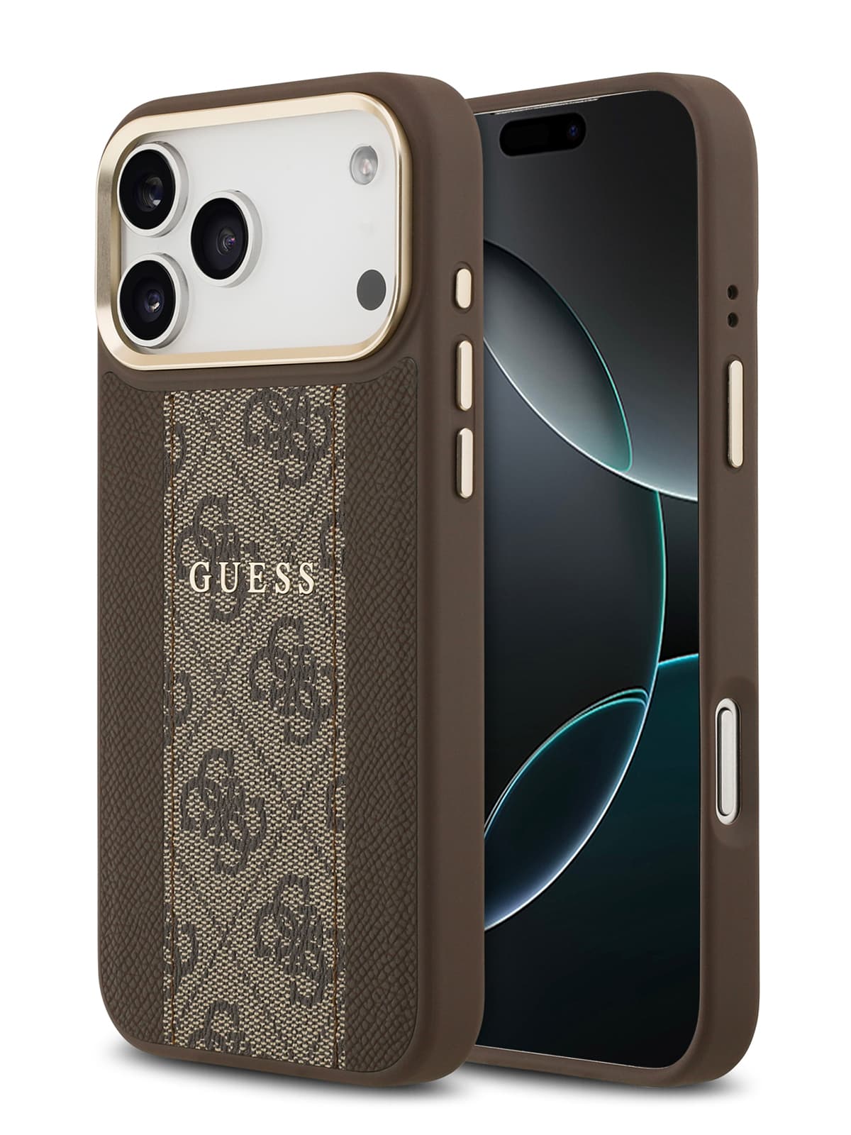 Чехол Guess PU 4G Stripe Classic metal logo Gold camera Hard Brown MagSafe (iPhone 17 Pro)