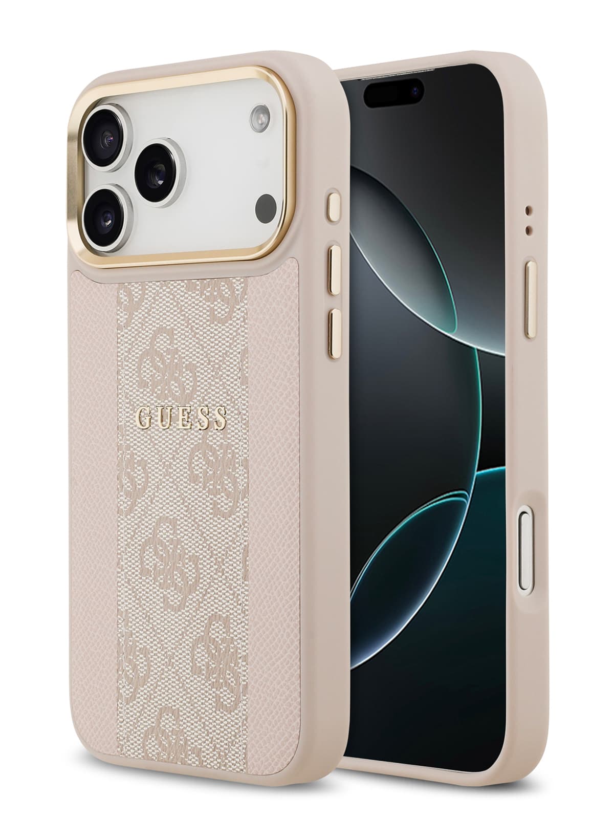 Чехол Guess PU 4G Stripe Classic metal logo Gold camera Hard Pink MagSafe (iPhone 17 Pro Max)