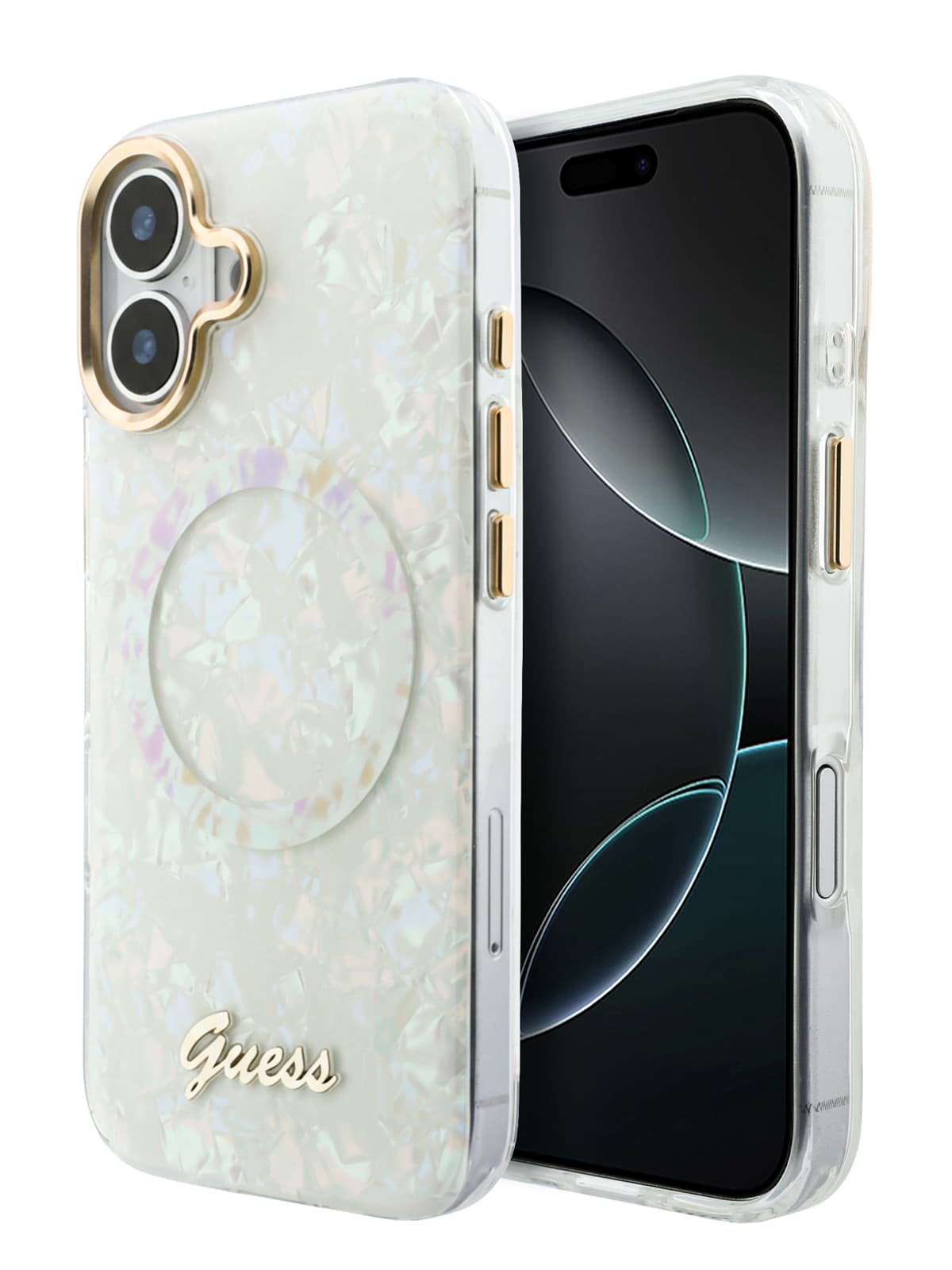 Чехол Guess IML Pearl Script Metal logo and Camera Hard White MagSafe (iPhone 17)