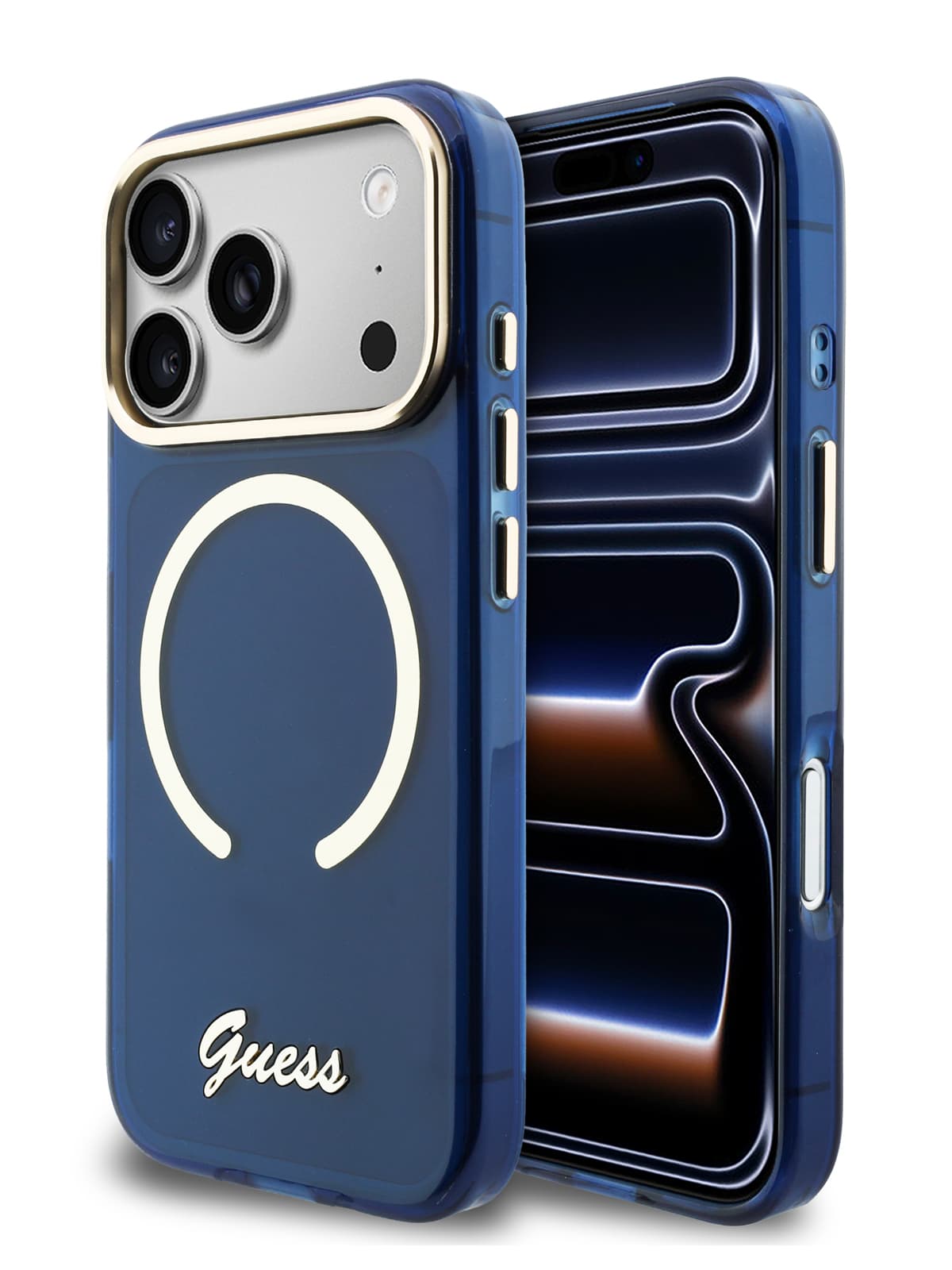 Чехол Guess IML Script Metal logo and Camera Hard Blue MagSafe (iPhone 17 Pro)