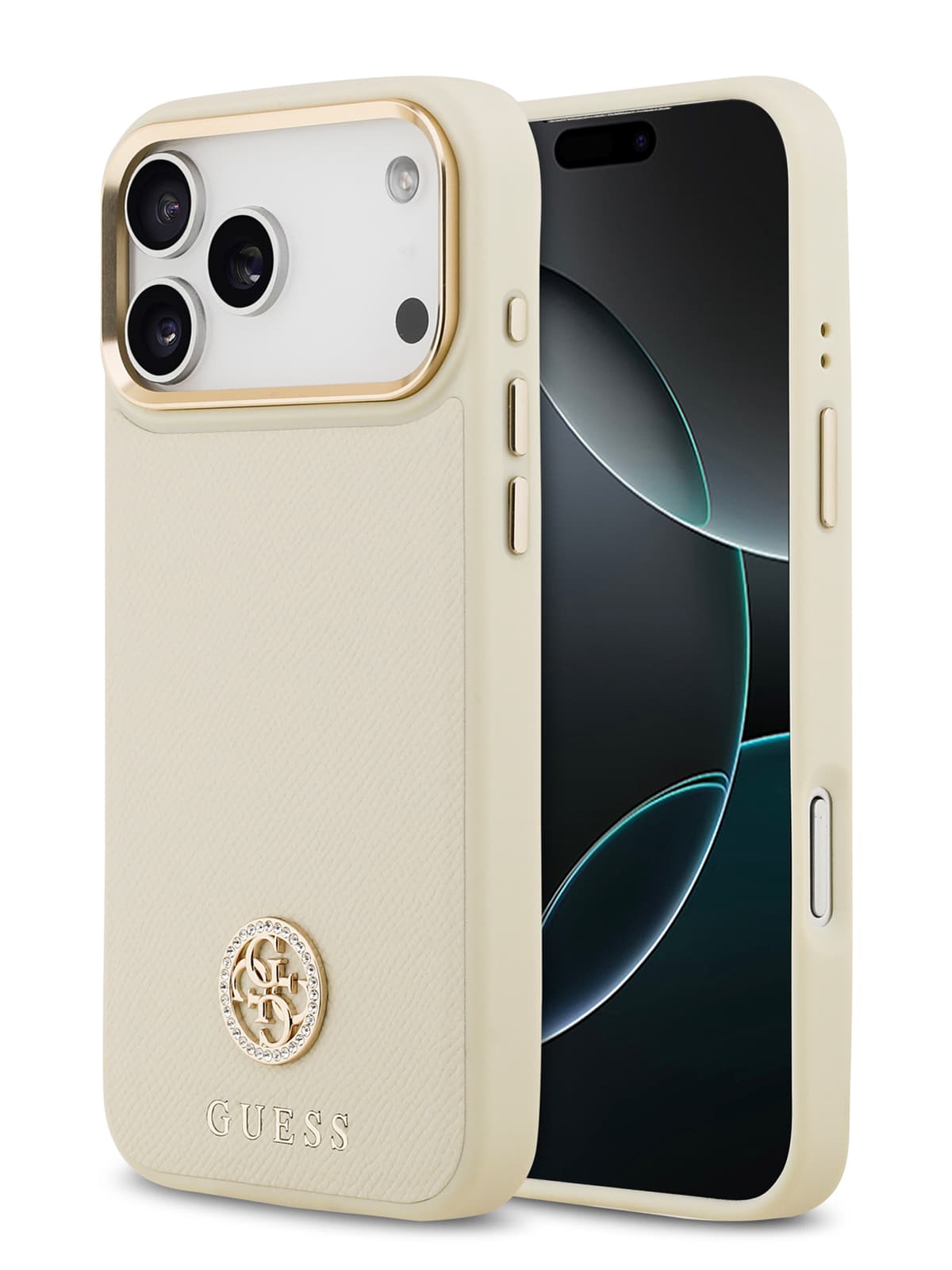 Чехол Guess PU Grained 4G Diamond metal logo Gold camera Hard Beige MagSafe (iPhone 17 Pro)