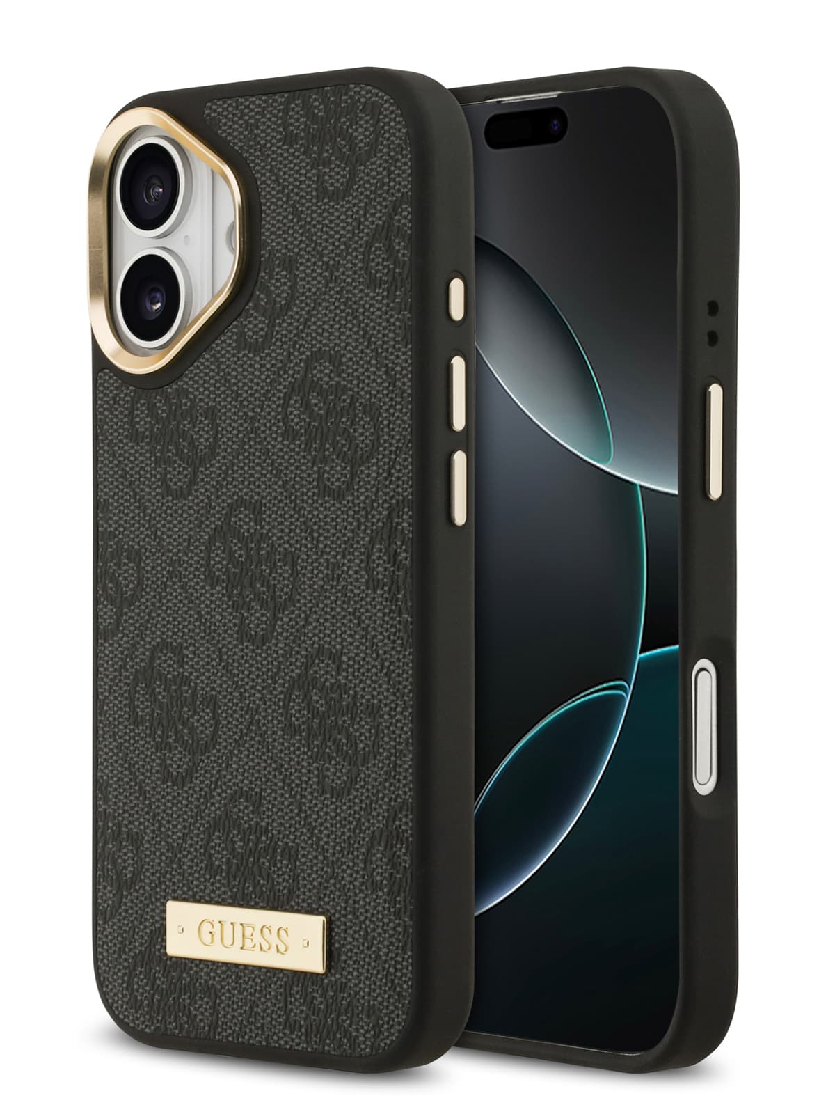 Чехол Guess PU 4G Plate metal logo and Gold camera Hard Black MagSafe (iPhone 17)