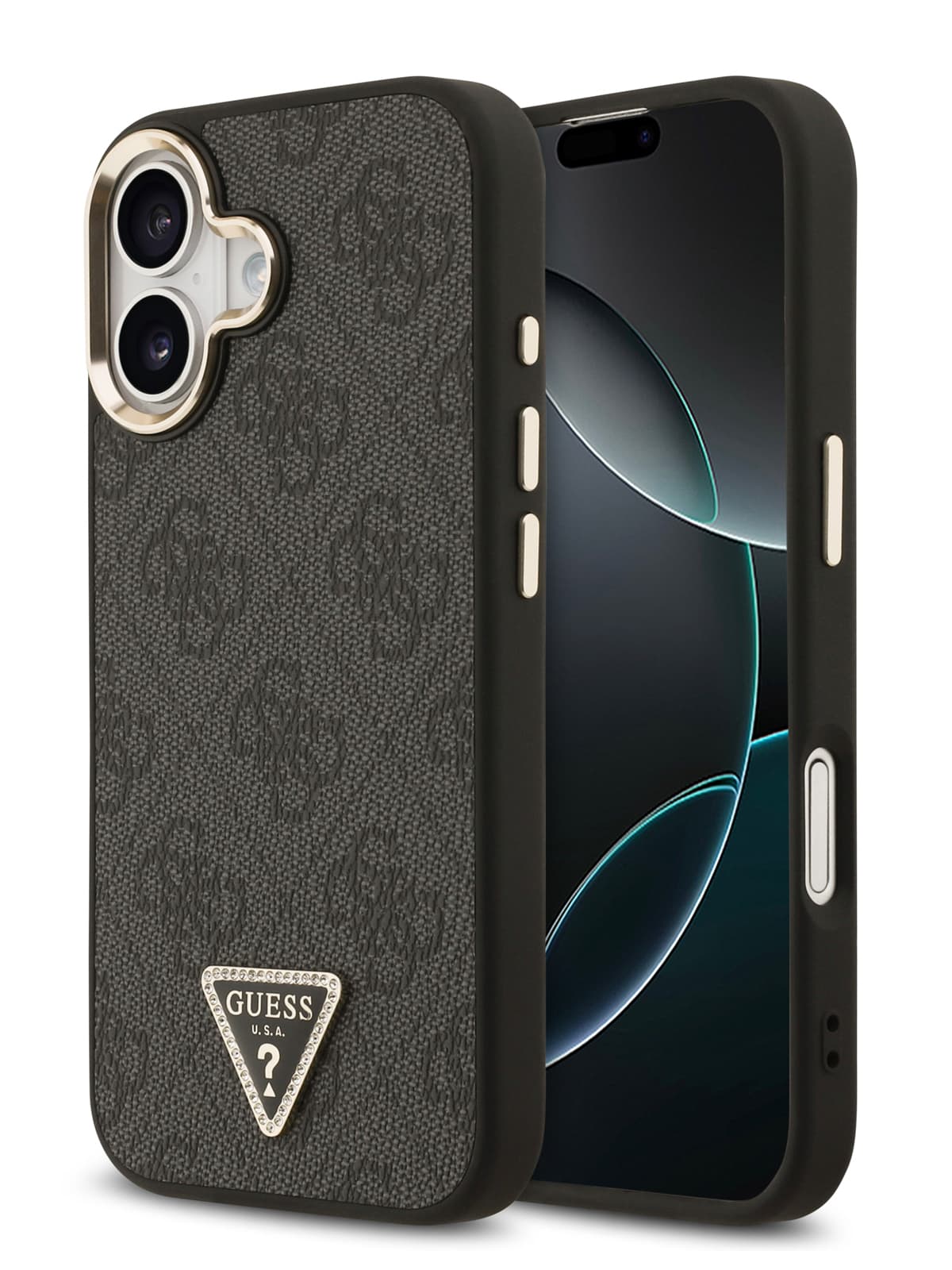 Чехол Guess PU 4G Triangle Diamond metal logo Gold camera Hard Black MagSafe (iPhone 17)