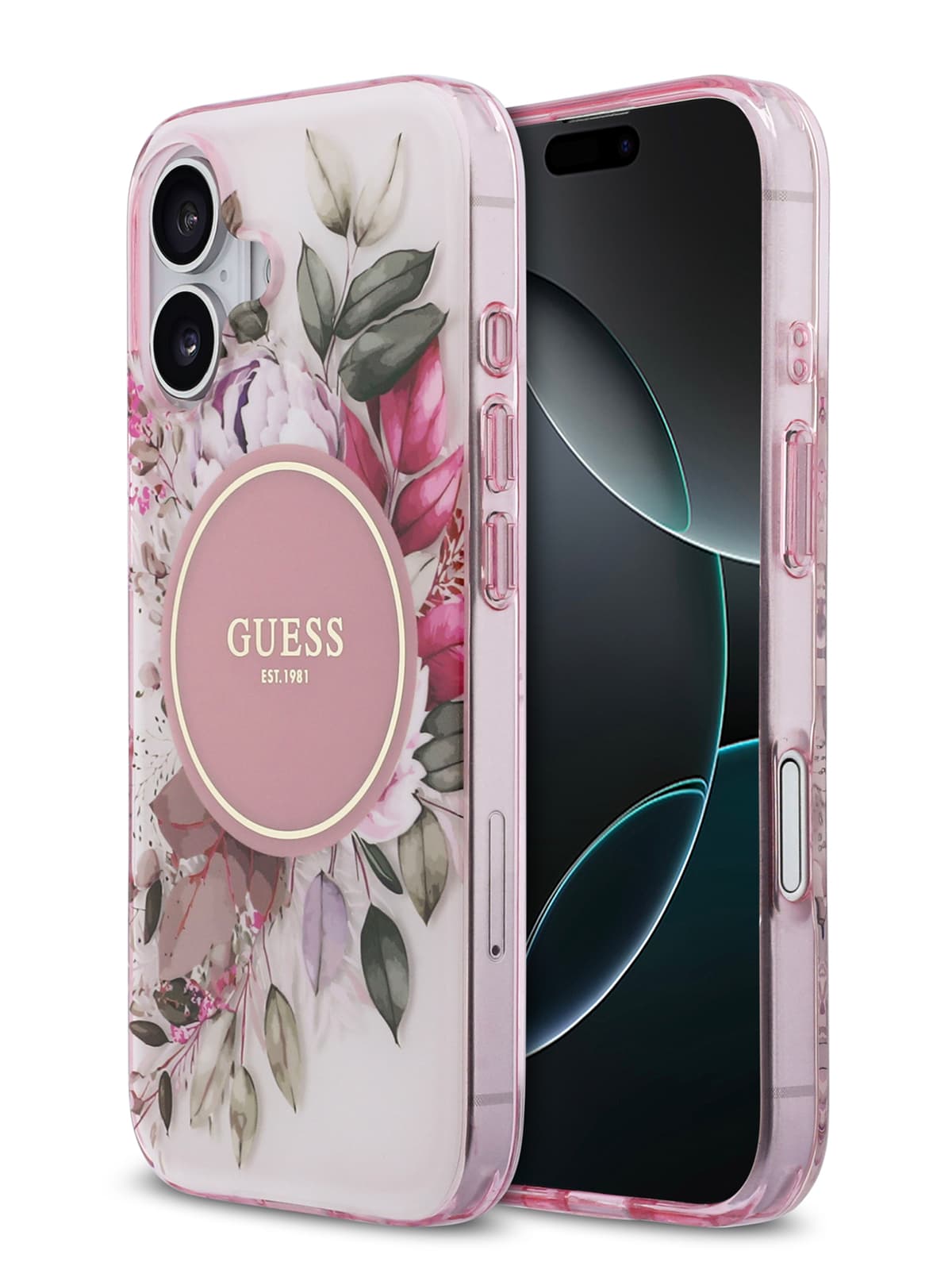 Чехол Guess IML Flowers and Tonal circle Hard Pink MagSafe (iPhone 17)