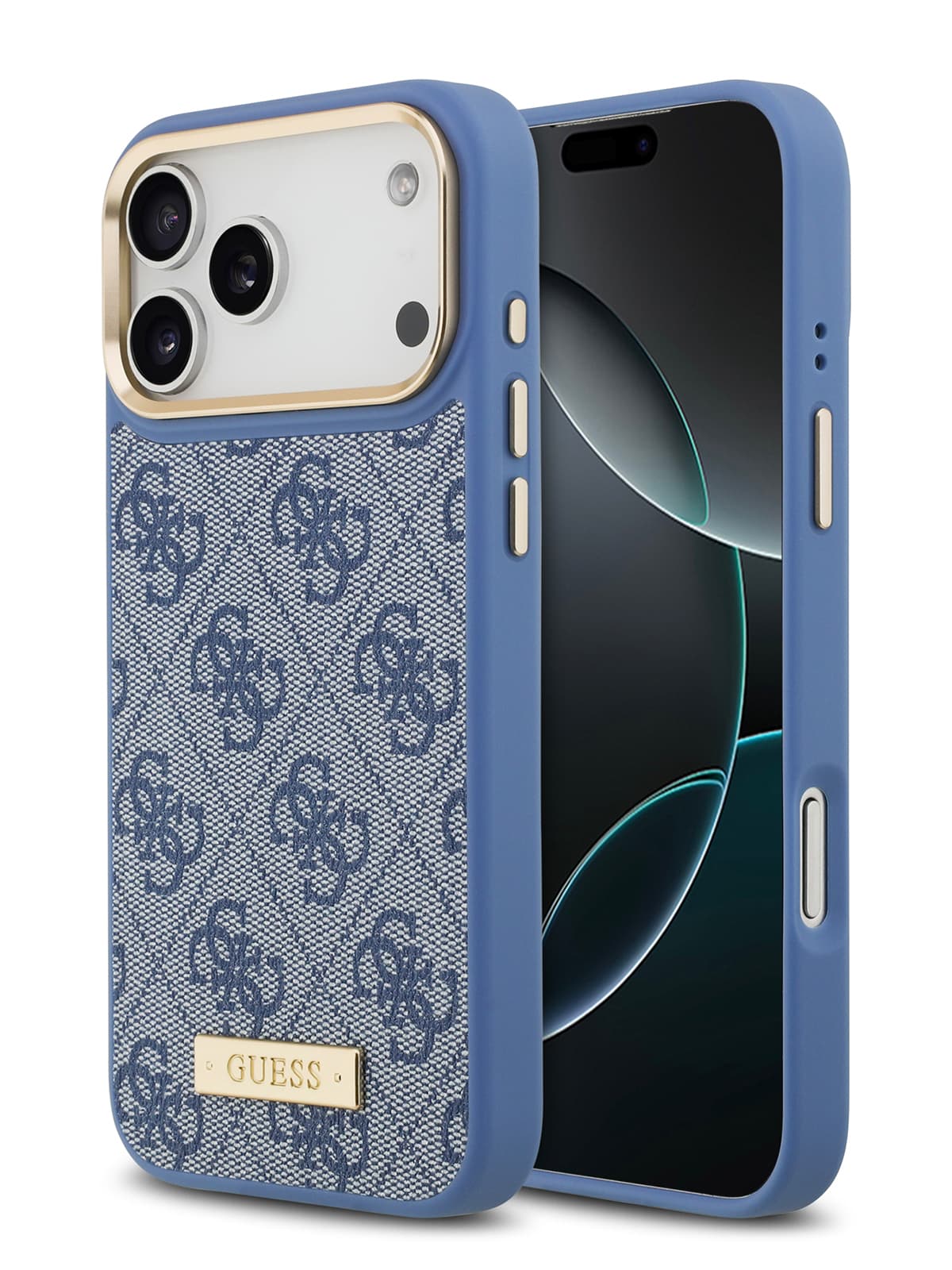 Чехол Guess PU 4G Plate metal logo and Gold camera Hard Blue MagSafe (iPhone 17 Pro)