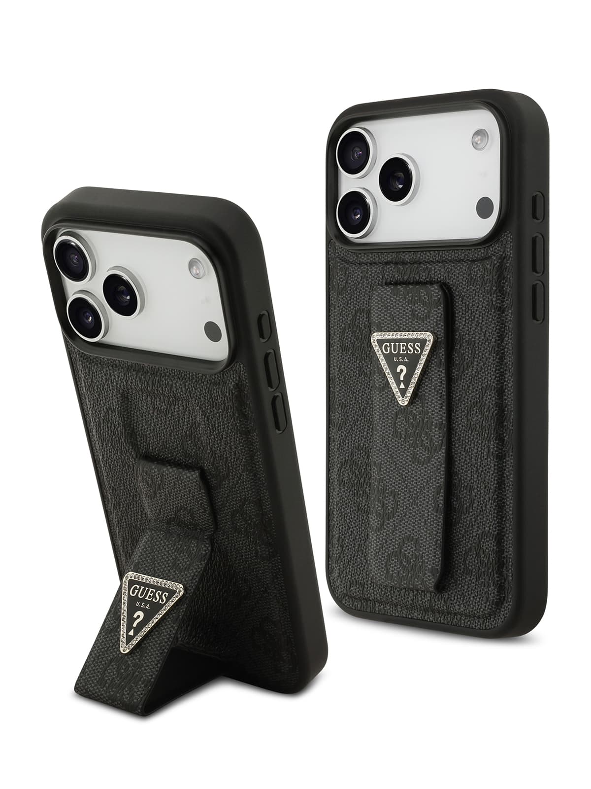 Чехол Guess PU 4G GripStand with Triangle Diamond metal logo Hard Black (iPhone 17 Pro Max)