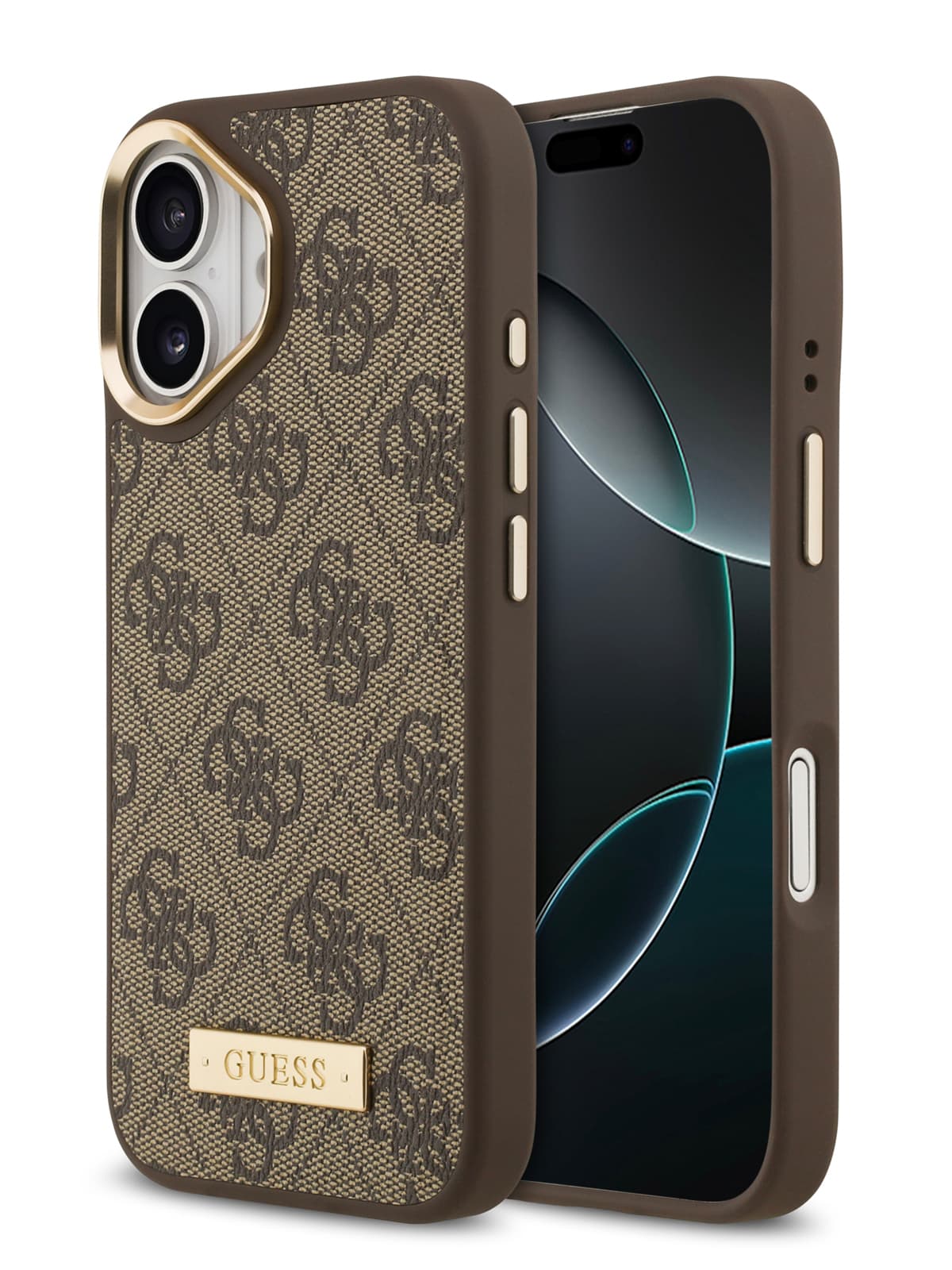 Чехол Guess PU 4G Plate metal logo and Gold camera Hard Brown MagSafe (iPhone 17)