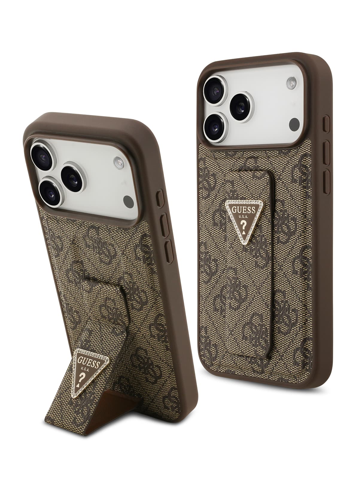 Чехол Guess PU 4G GripStand with Triangle Diamond metal logo Hard Brown (iPhone 17 Pro Max)