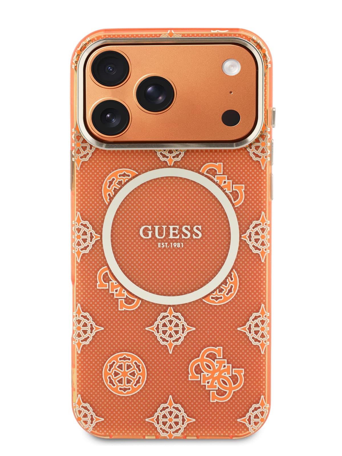 Чехол Guess IML Peony Dots Metal Cam Hard Orange MagSafe (iPhone 17 Pro)